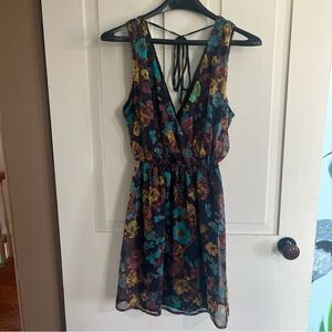 Forever 21 Floral V-Neck Tie-Back Mini Dress in Teal, Mustard & Brown